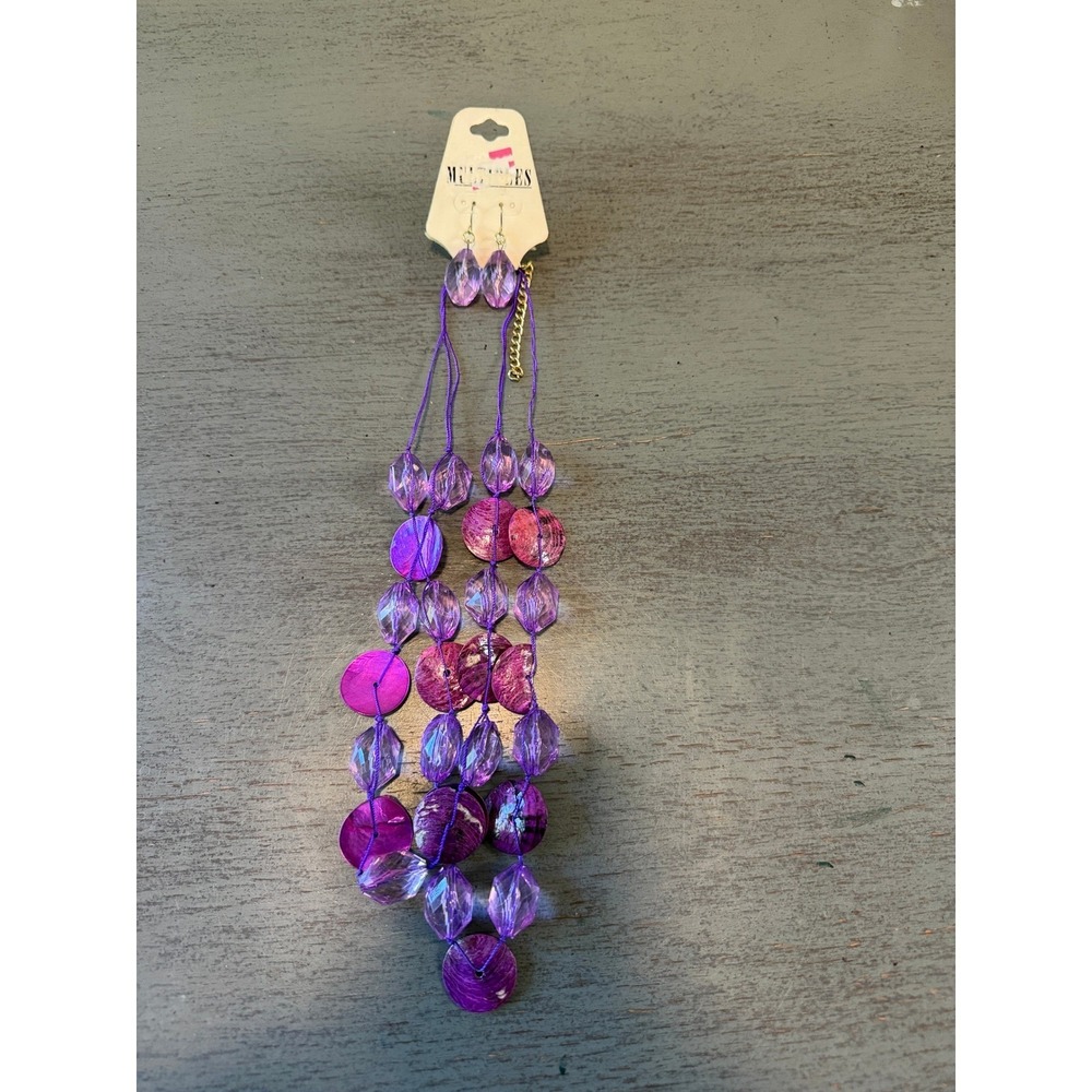 vintage Multiples Purple Beaded Necklace & Earring Set Shell AcrylicNew